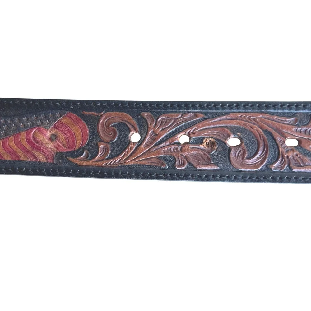 Silver Creek Classics Tooled Leather Eagle Flag Western Belt Black, Mens 42